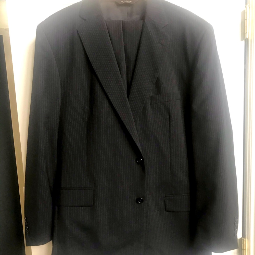 Men’s black pinstriped Jos A Banks suit.